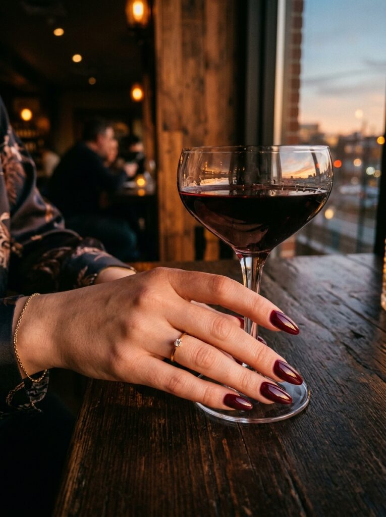 22 Burgundy Nail Ideas: How to Wear Fall's It Color long almond burgundy nails evening look