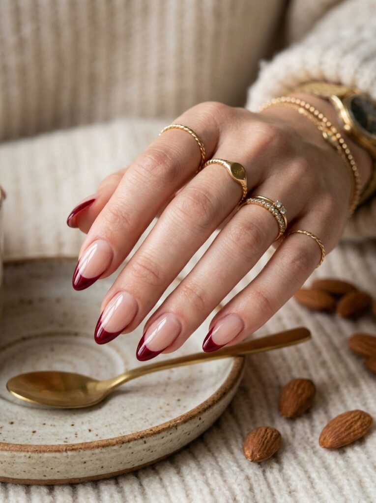 30 Cute Fall Nail Ideas for 2026 That Are Worth Copying almond nails burgundy french tips