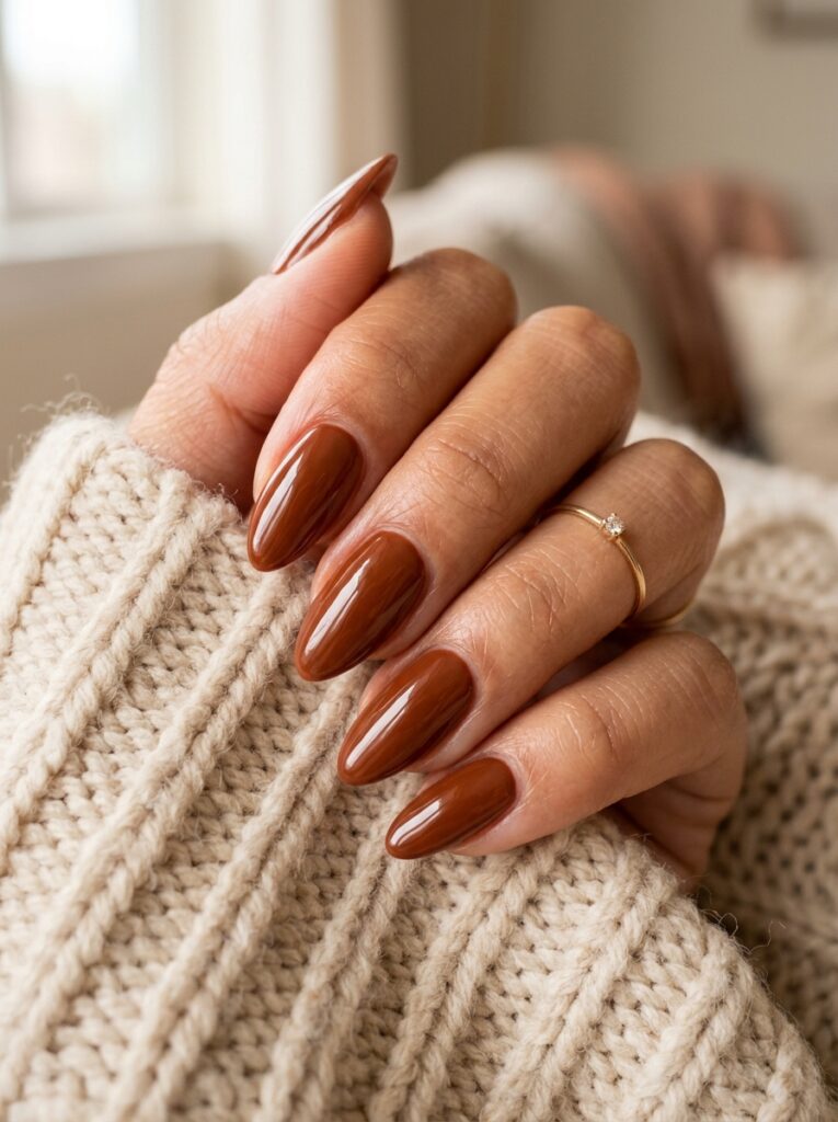 30 Cute Fall Nail Ideas for 2026 That Are Worth Copying almond nails glossy brown polish