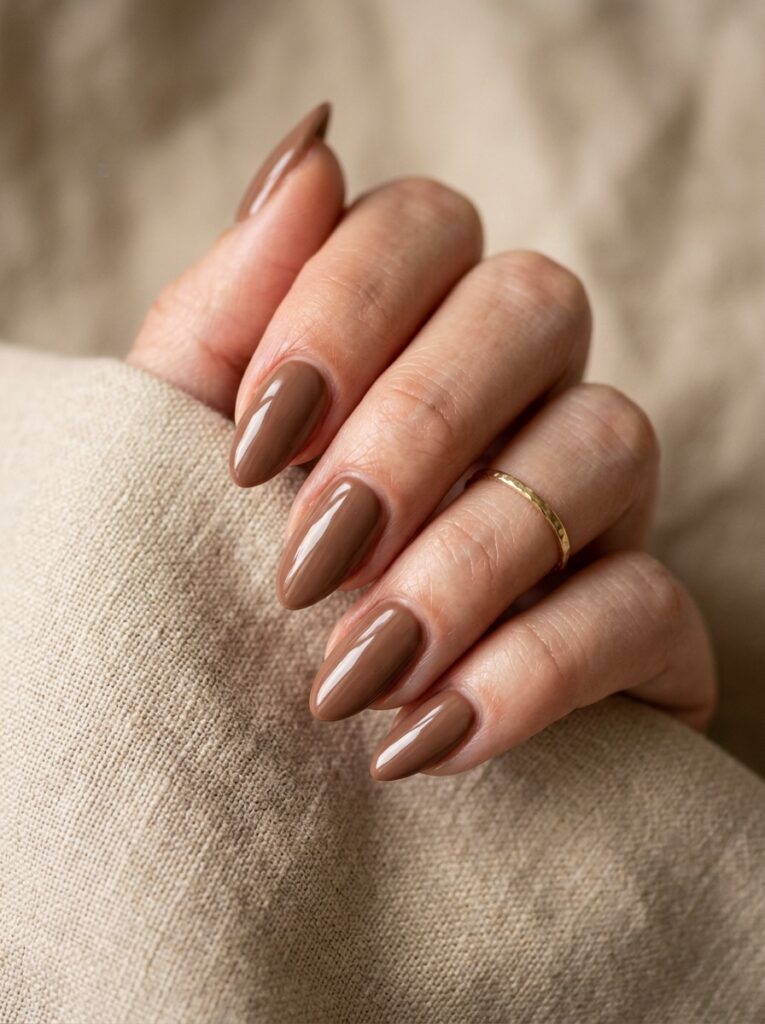 30 Cute Fall Nail Ideas for 2026 That Are Worth Copying almond nails with gold ring