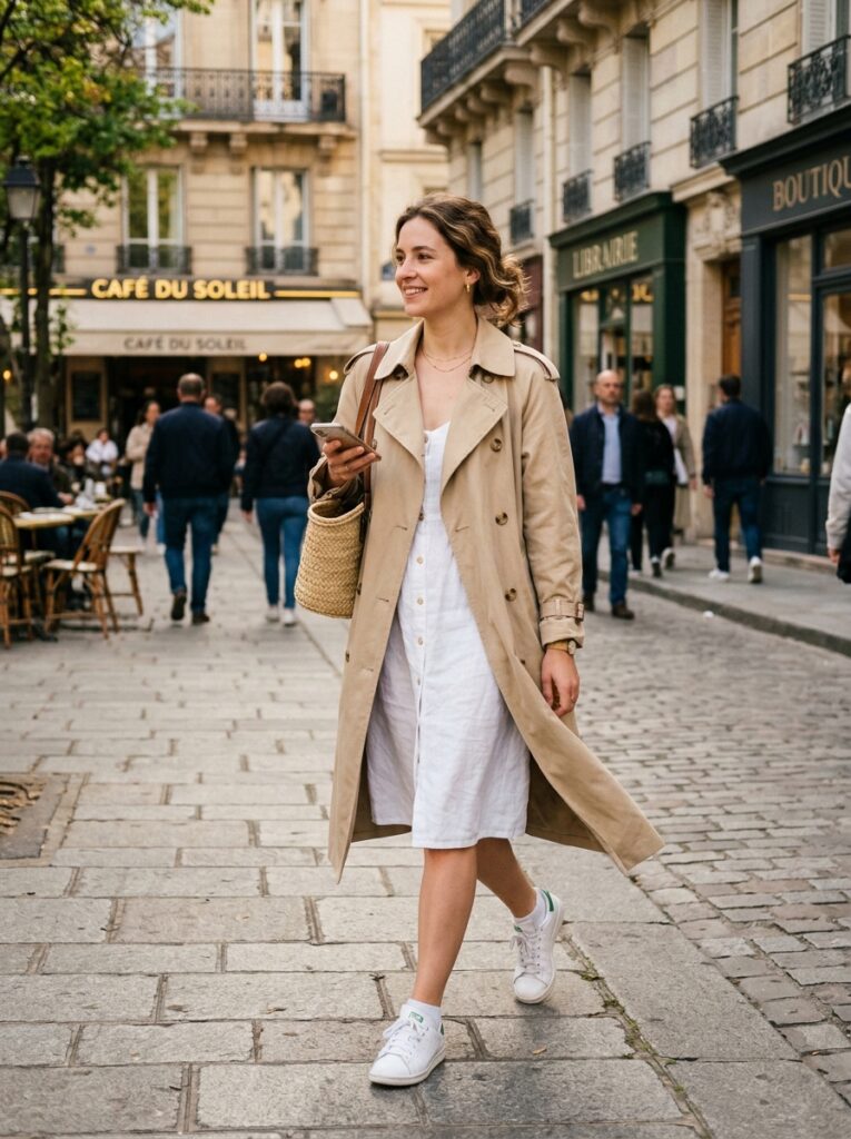 beige trench coat over white dress with sneakers