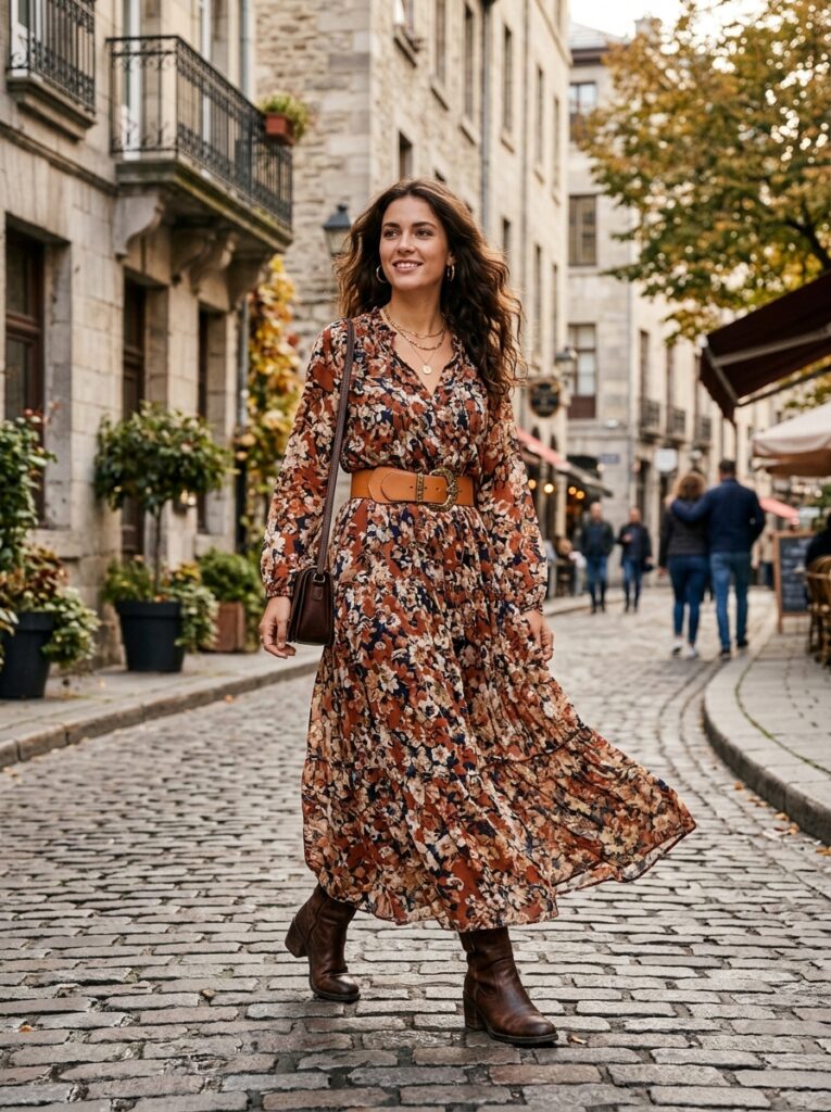 maxi dress with wide belt and ankle boots