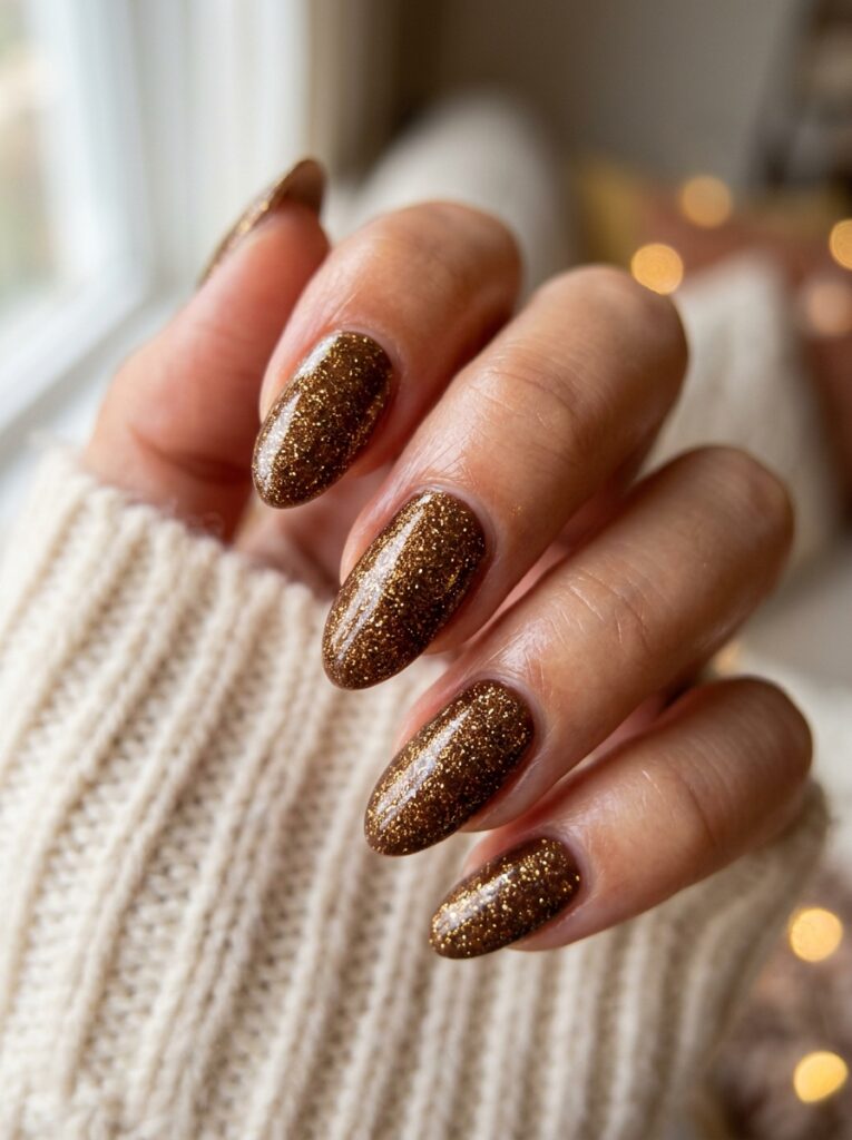 30 Cute Fall Nail Ideas for 2026 That Are Worth Copying brown sugar nails gold glitter