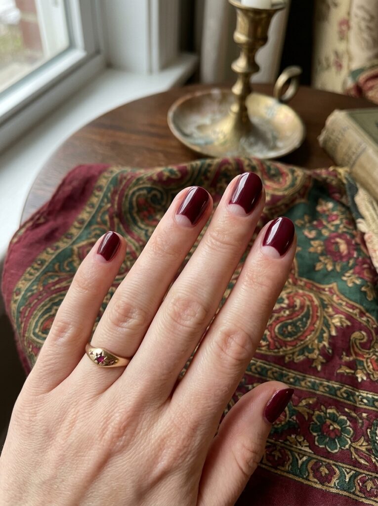 22 Burgundy Nail Ideas: How to Wear Fall's It Color burgundy half moon retro manicure