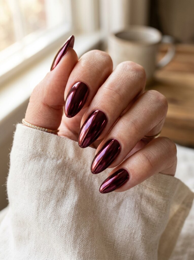 22 Burgundy Nail Ideas: How to Wear Fall's It Color burgundy chrome nails mirror finish