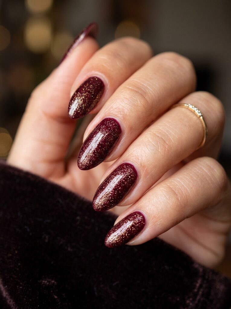 22 Burgundy Nail Ideas: How to Wear Fall's It Color burgundy nails with gold shimmer