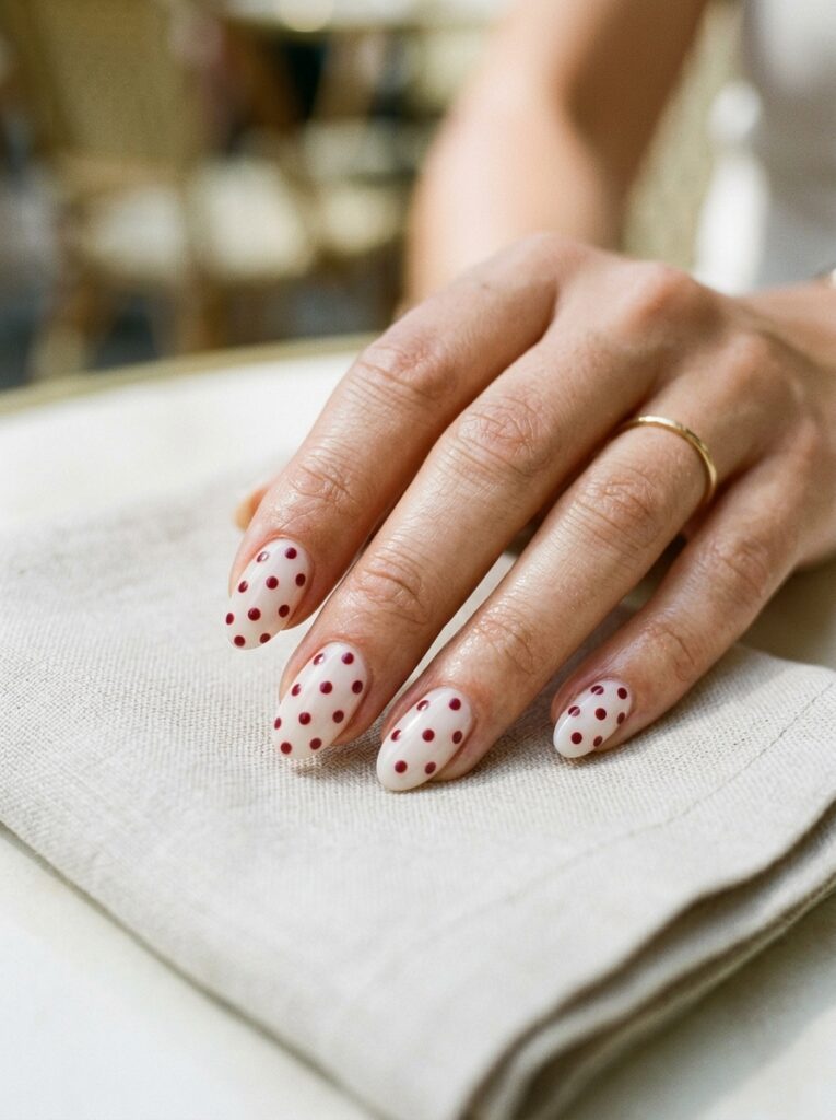 22 Burgundy Nail Ideas: How to Wear Fall's It Color milky nails with burgundy micro dots