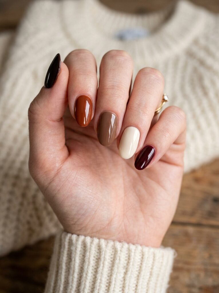 30 Cute Fall Nail Ideas for 2026 That Are Worth Copying closeup hand five nails glossy