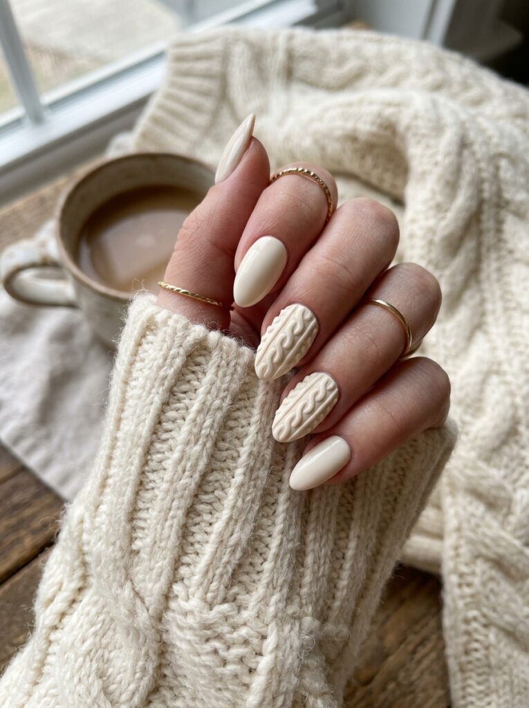 30 Cute Fall Nail Ideas for 2026 That Are Worth Copying closeup nails sweater texture