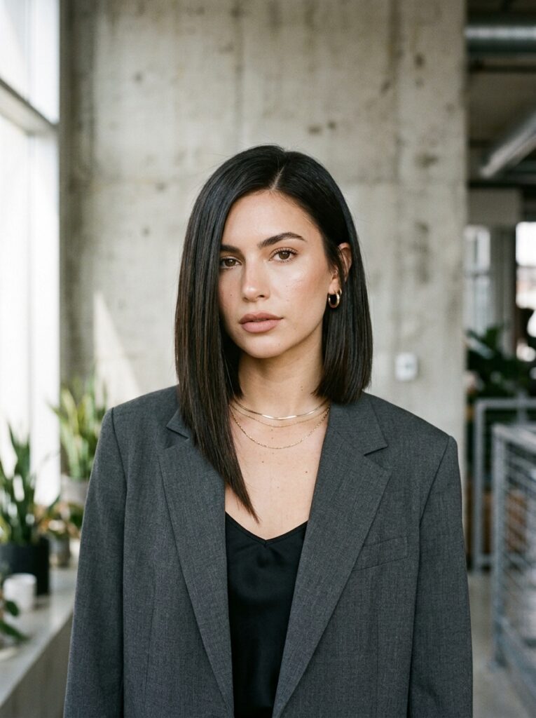 asymmetric lob haircut longer in front

