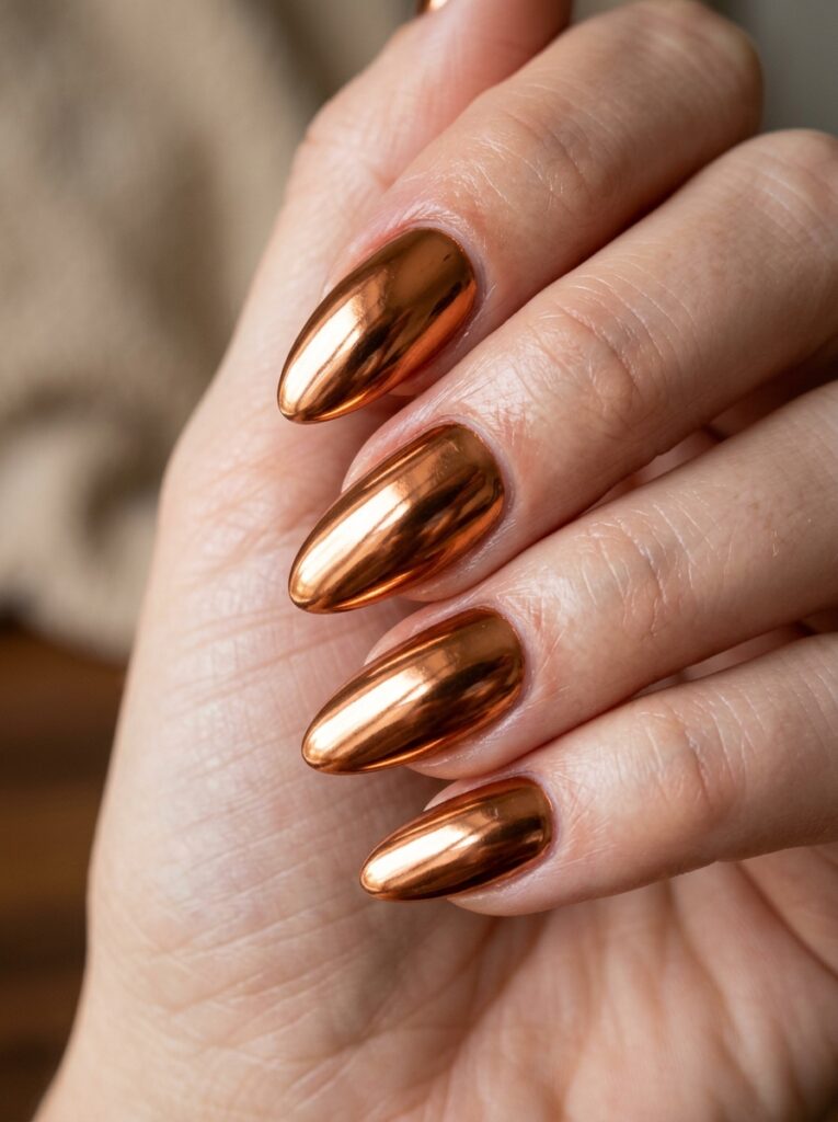 30 Cute Fall Nail Ideas for 2026 That Are Worth Copying copper chrome mirror shine vertical