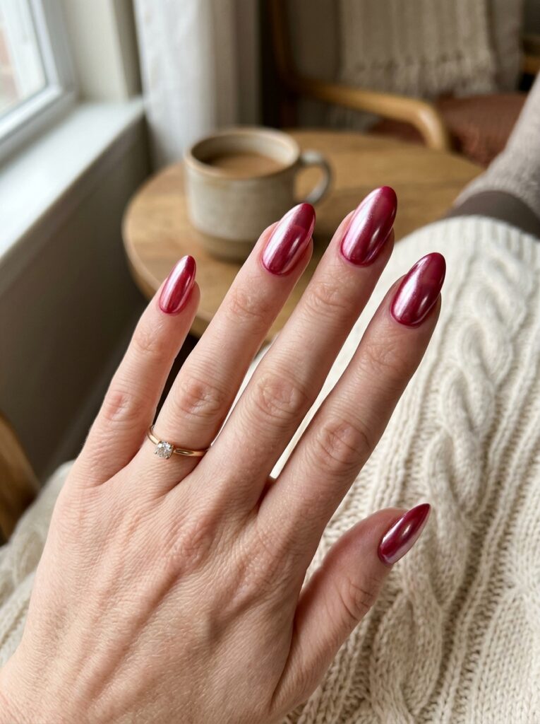 22 Burgundy Nail Ideas: How to Wear Fall's It Color cranberry glazed nails pearl chrome