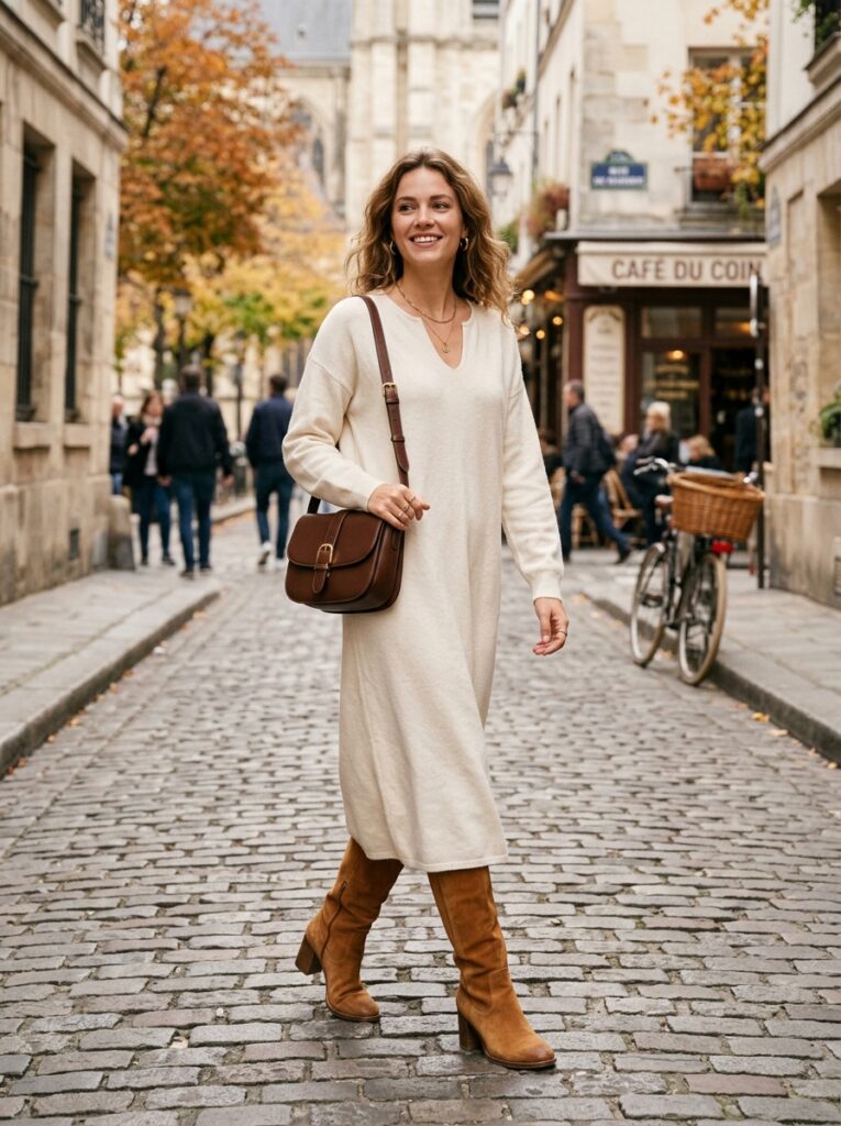 cream dress with brown bag and tan boots
