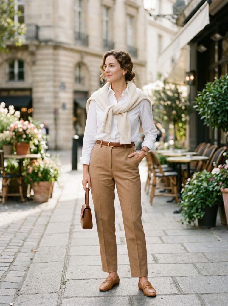 cream sweater over shirt 