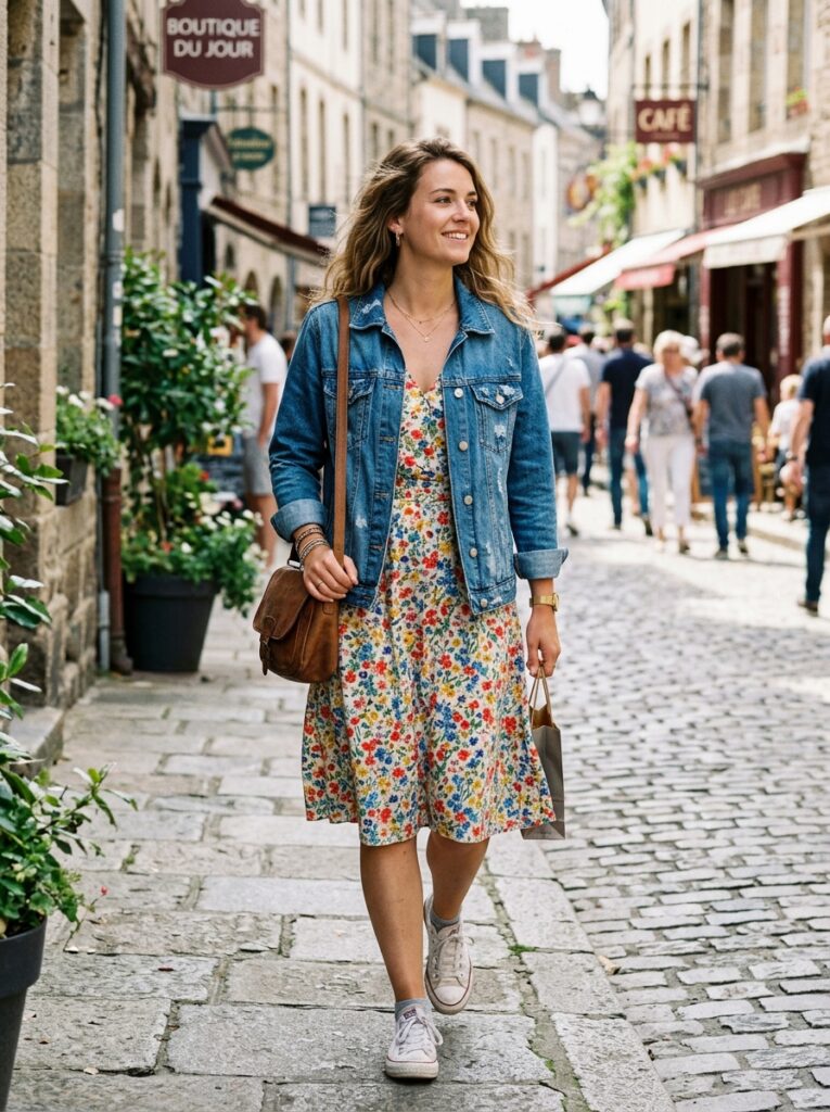 denim jacket over floral summer dress transition outfit