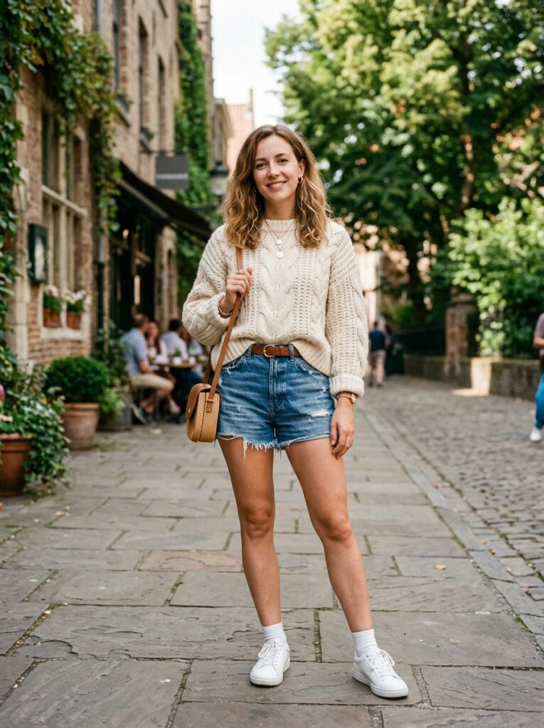denim shorts with chunky sweater outfit