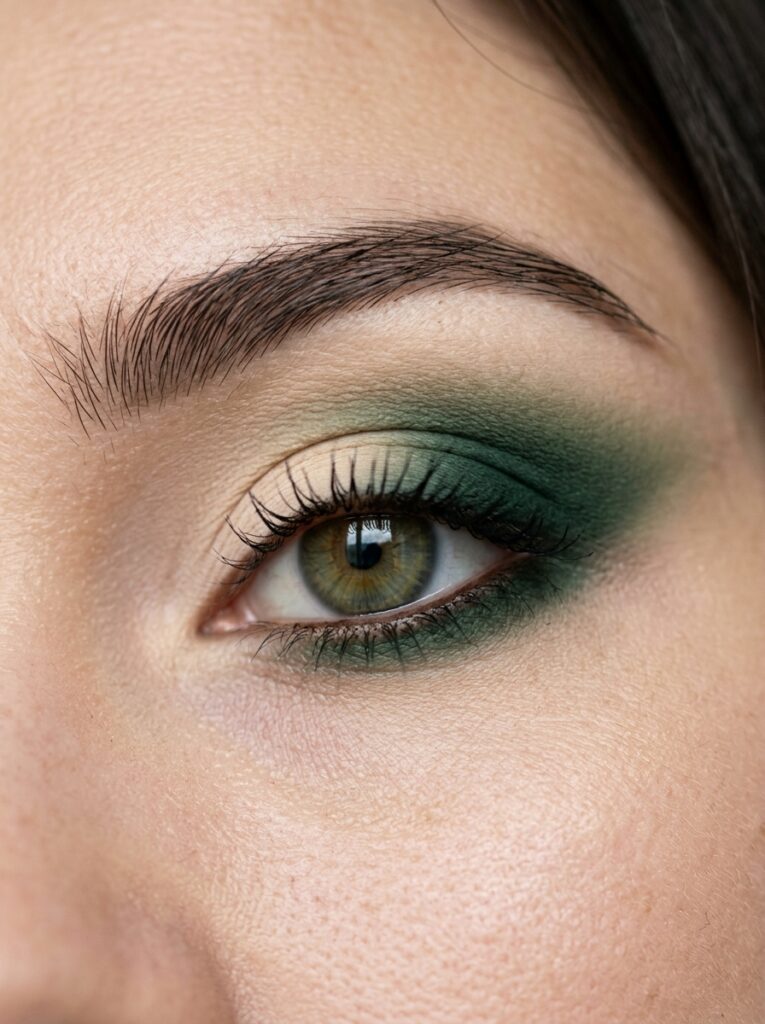 15 Fall Eyeshadow Combos That Make Your Eyes Pop forest green and cream eyeshadow look