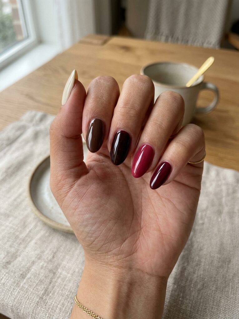 22 Burgundy Nail Ideas: How to Wear Fall's It Color mismatched burgundy tone nail set