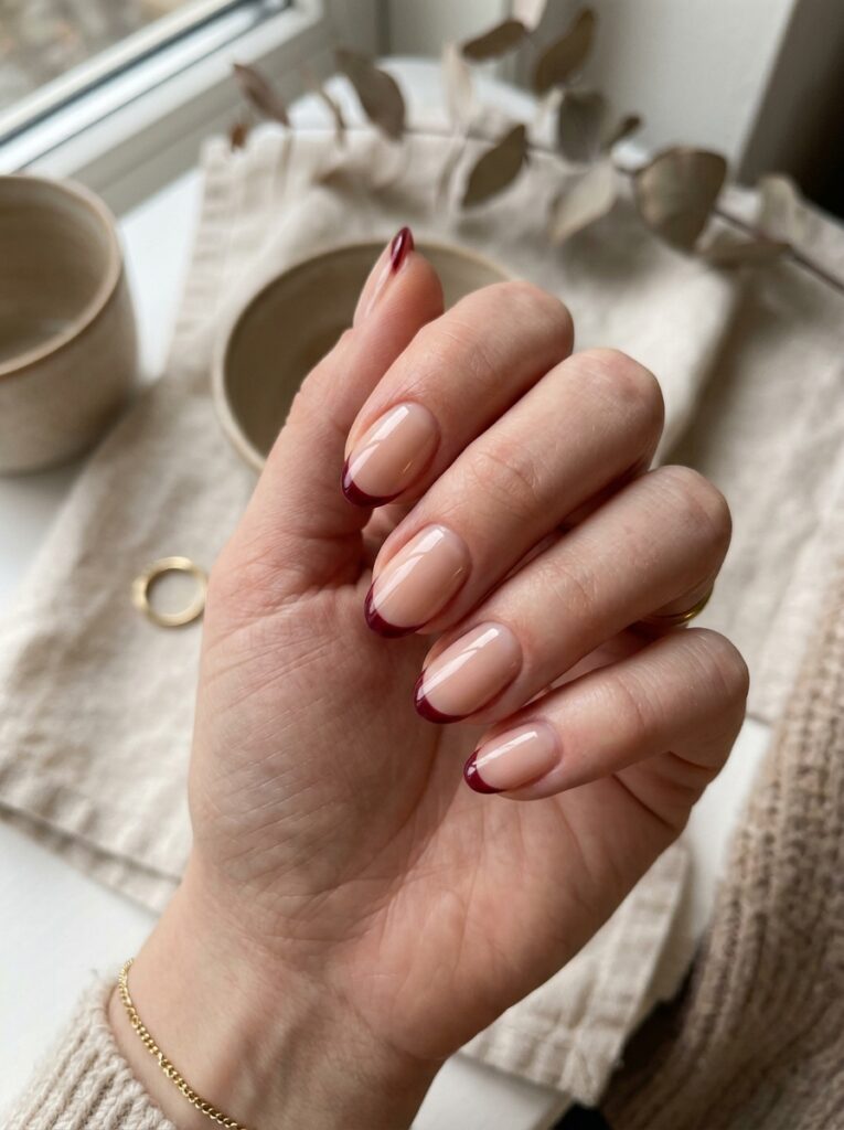 22 Burgundy Nail Ideas: How to Wear Fall's It Color burgundy french tip nails nude base