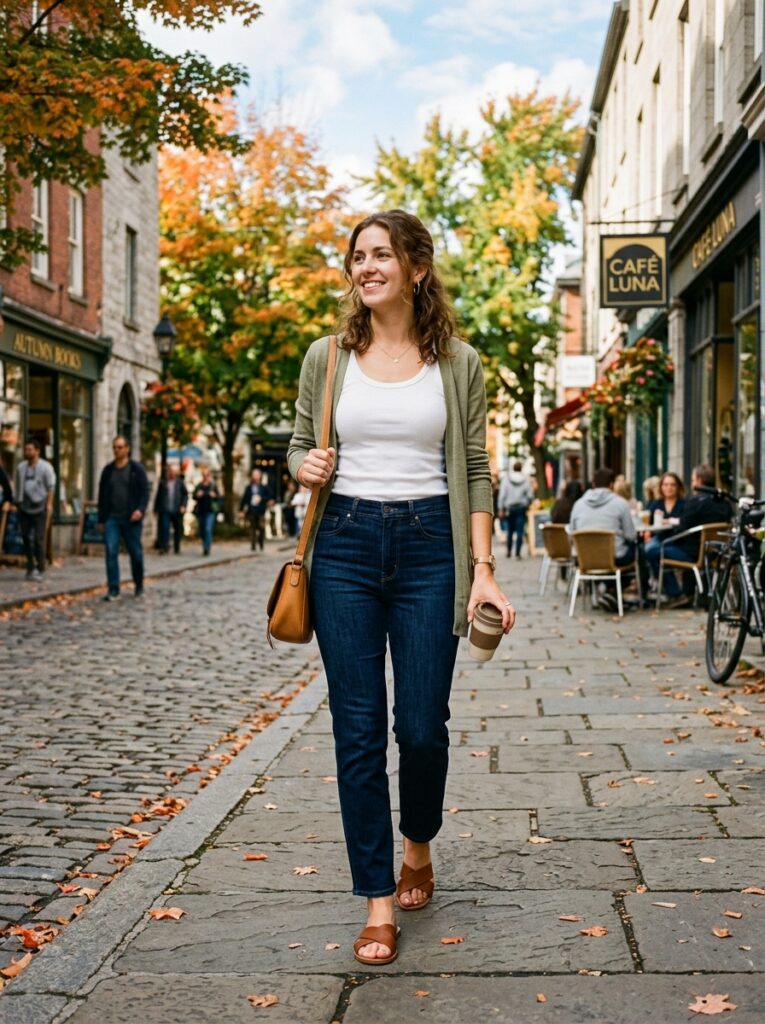 dark jeans with white tank and sandals