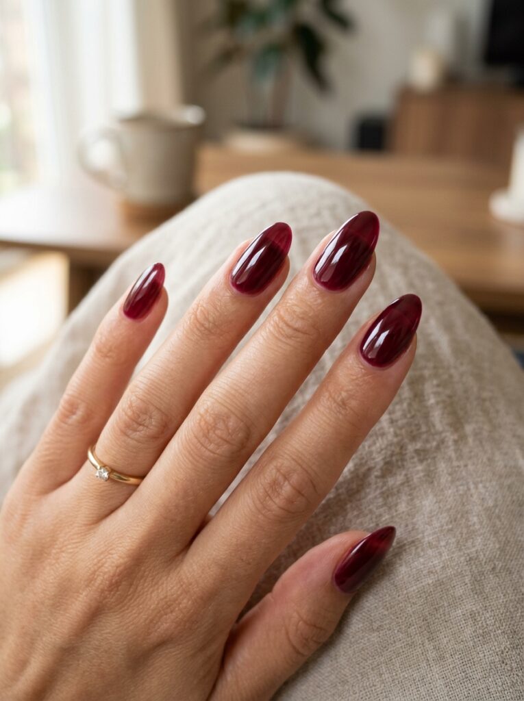 22 Burgundy Nail Ideas: How to Wear Fall's It Color jelly burgundy nails sheer glossy