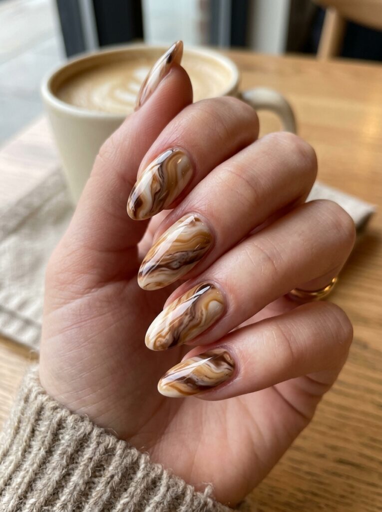 30 Cute Fall Nail Ideas for 2026 That Are Worth Copying latte swirls closeup nails