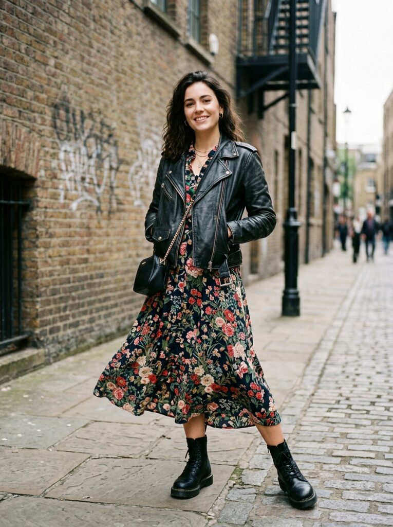 black leather jacket over floral midi dress