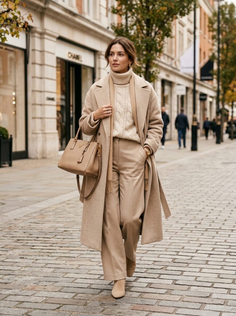 monochrome beige head to toe outfit 