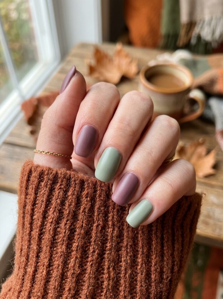 20 Stunning Plum Nail Ideas You'll Want to Save This Fall plum and sage green nails color pairing