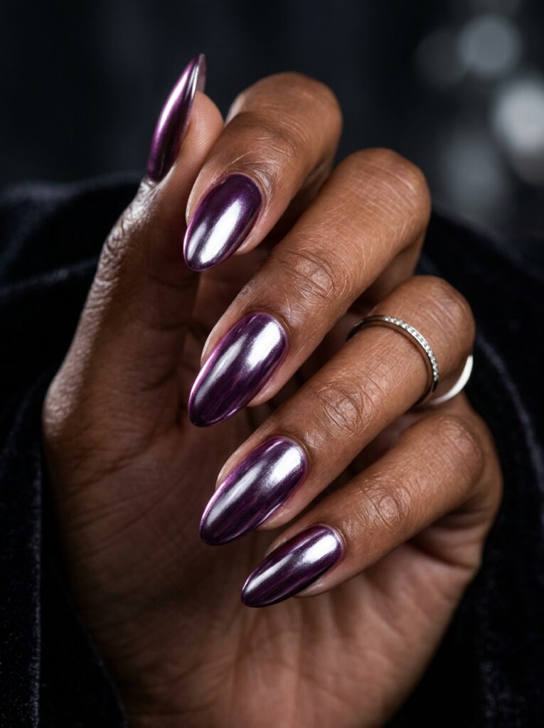 20 Stunning Plum Nail Ideas You'll Want to Save This Fall plum chrome nails mirror metallic finish
