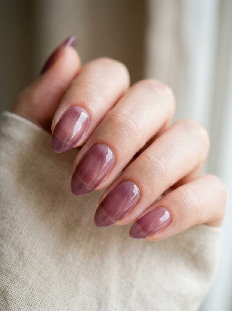 20 Stunning Plum Nail Ideas You'll Want to Save This Fall sheer plum wash nails tinted finish