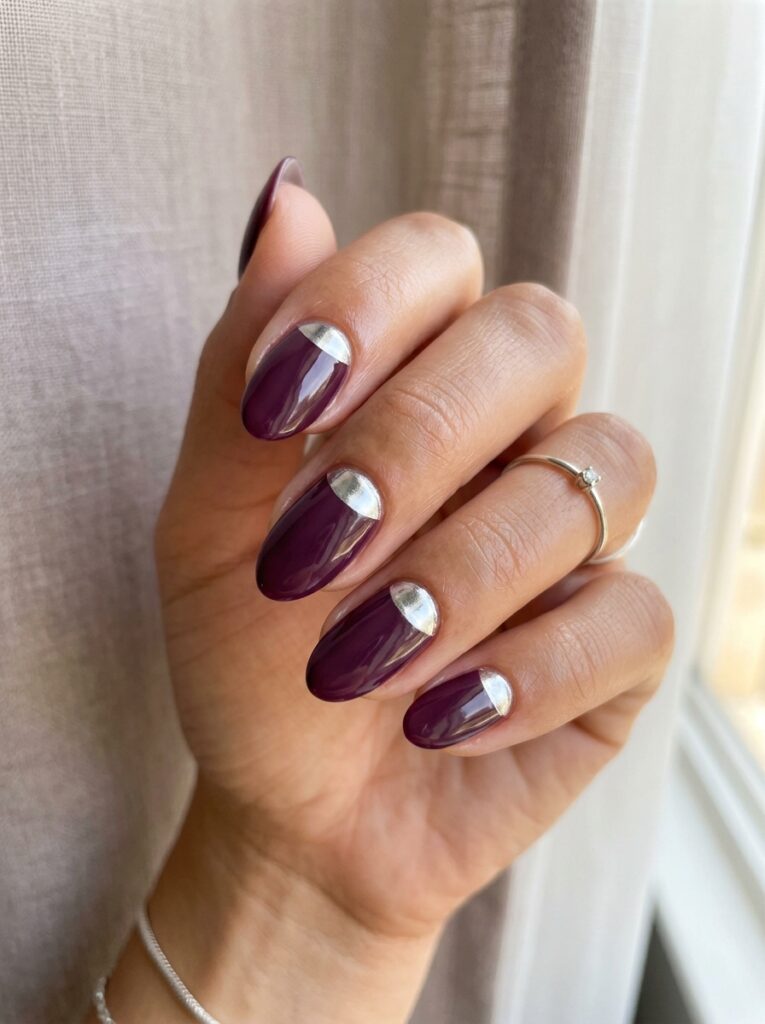 20 Stunning Plum Nail Ideas You'll Want to Save This Fall plum and chrome half moon nail design
