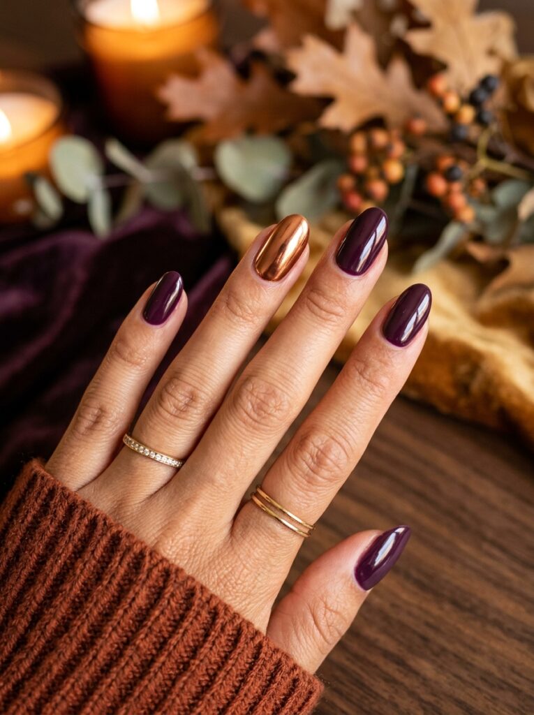 20 Stunning Plum Nail Ideas You'll Want to Save This Fall plum and copper chrome nails fall manicure