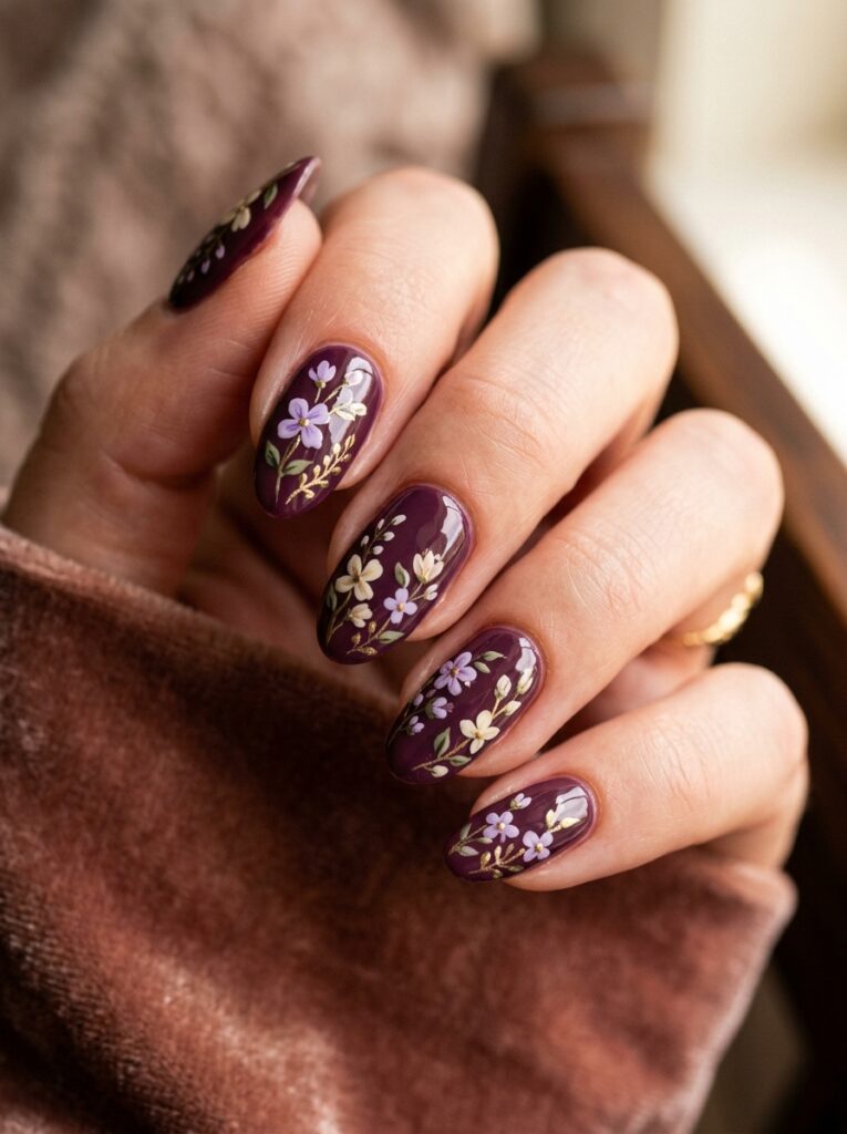 20 Stunning Plum Nail Ideas You'll Want to Save This Fall plum floral nail art with lilac flowers