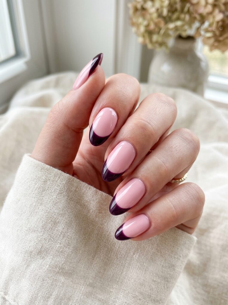 20 Stunning Plum Nail Ideas You'll Want to Save This Fall plum french tip over baby pink nails
