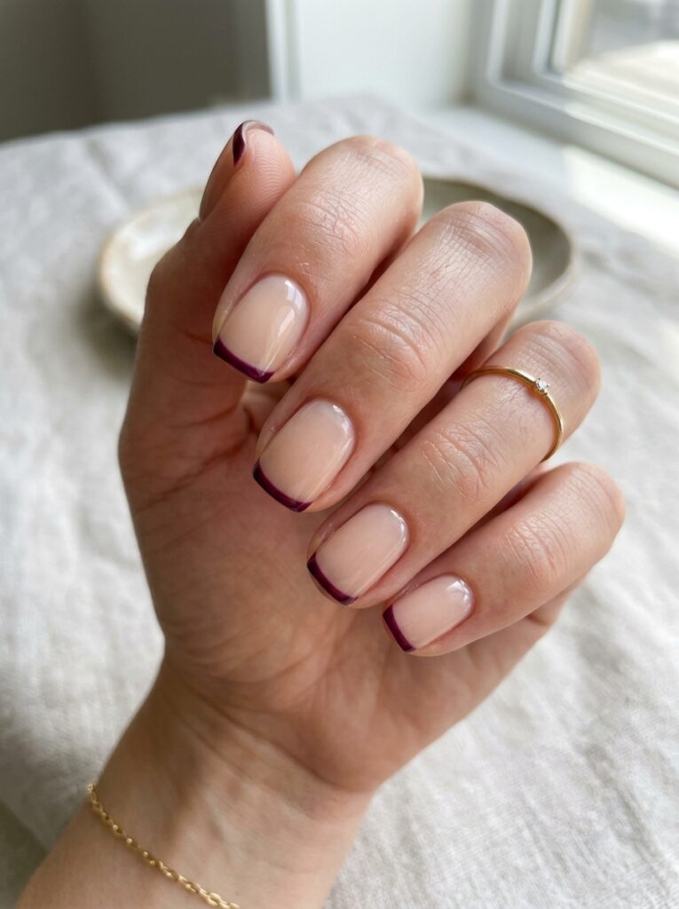 20 Stunning Plum Nail Ideas You'll Want to Save This Fall plum micro french tip short square nails