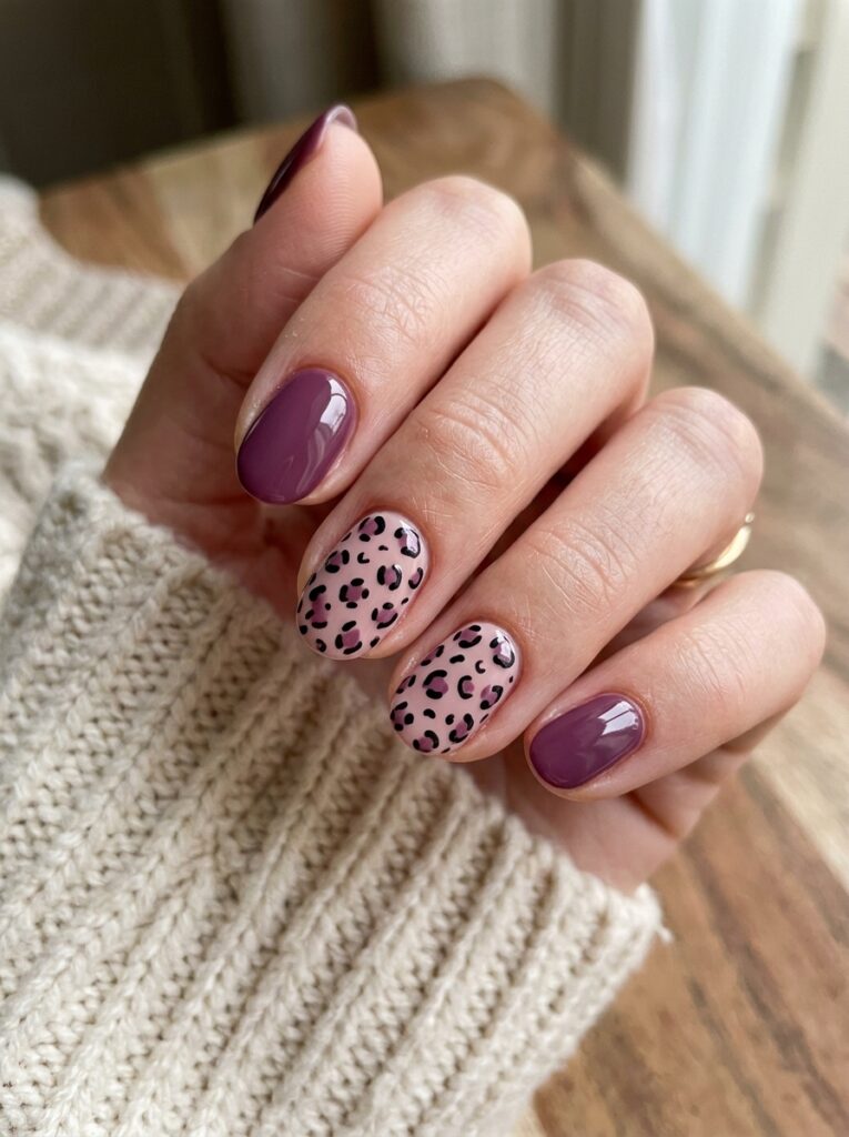 20 Stunning Plum Nail Ideas You'll Want to Save This Fall plum leopard print nail art