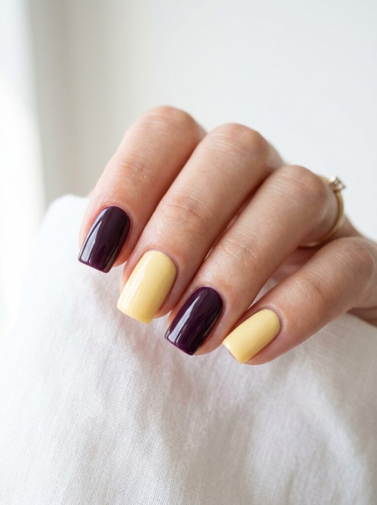 20 Stunning Plum Nail Ideas You'll Want to Save This Fall plum and butter yellow nails color combo