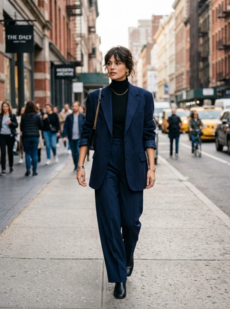 navy blazer fitted top trousers 