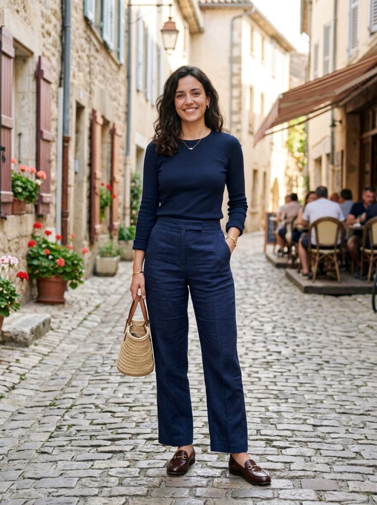 navy linen trousers with long sleeve top