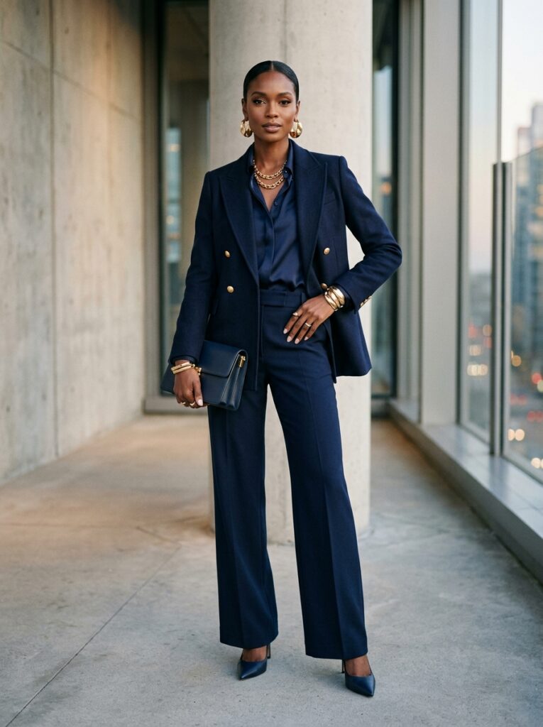 navy outfit gold jewelry