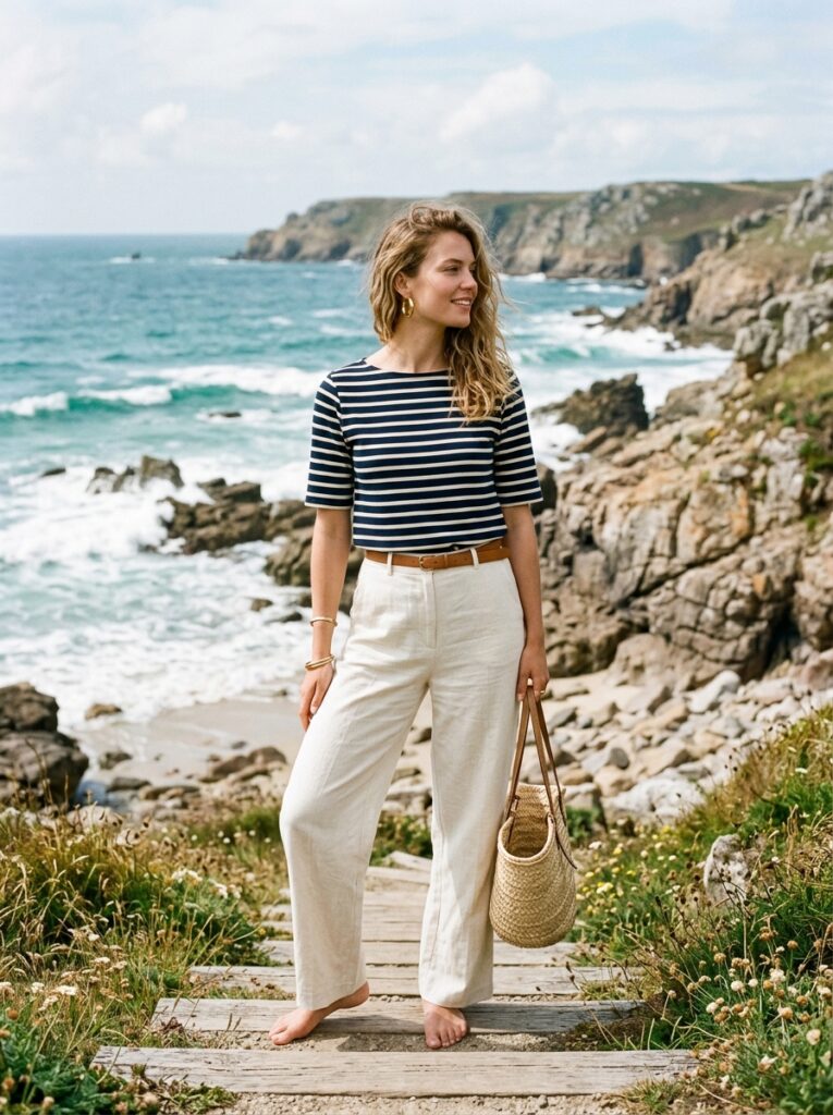 navy striped tee cream trousers 