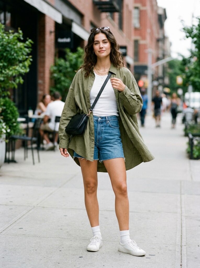 olive button down shirt over tank and shorts