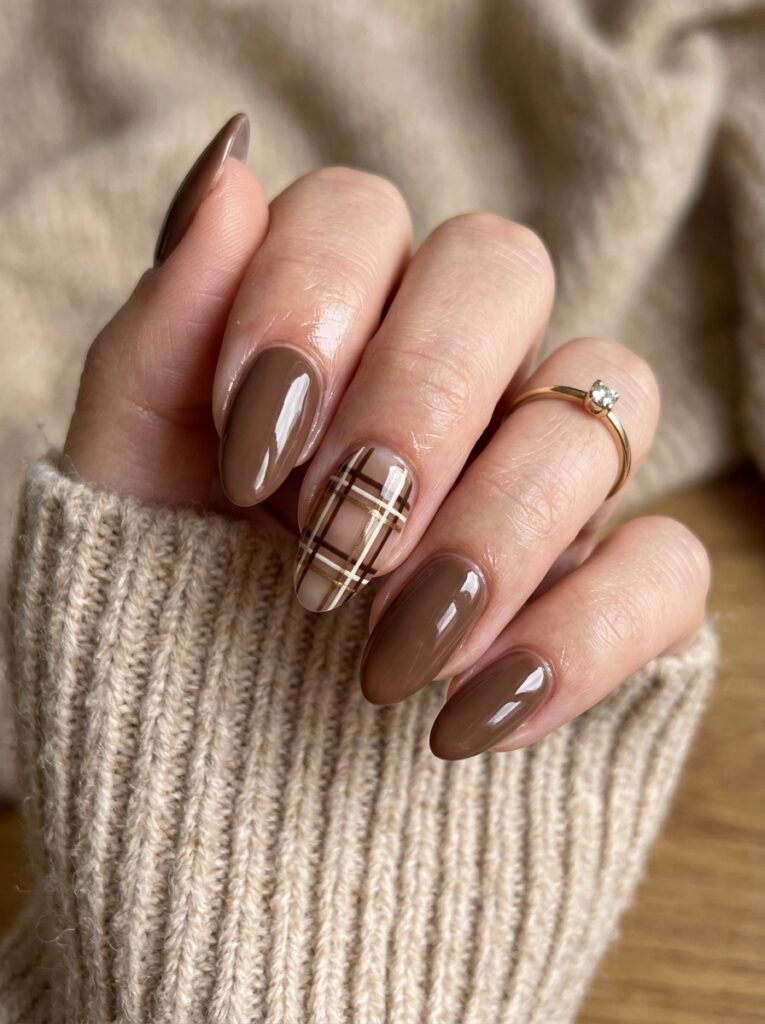 30 Cute Fall Nail Ideas for 2026 That Are Worth Copying plaid nails mocha set