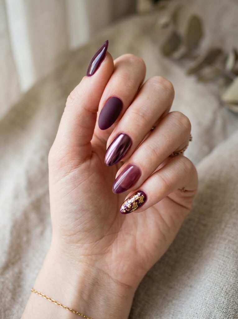20 Stunning Plum Nail Ideas You'll Want to Save This Fall mismatched plum nails different finishes set