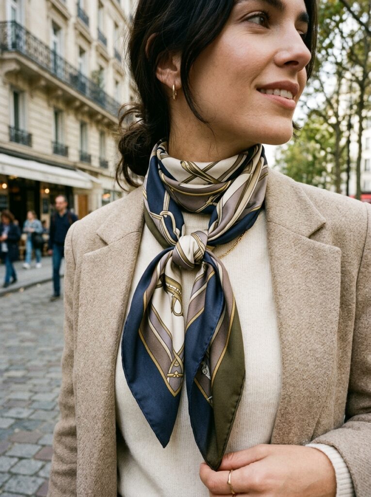 silk scarf tied at neck