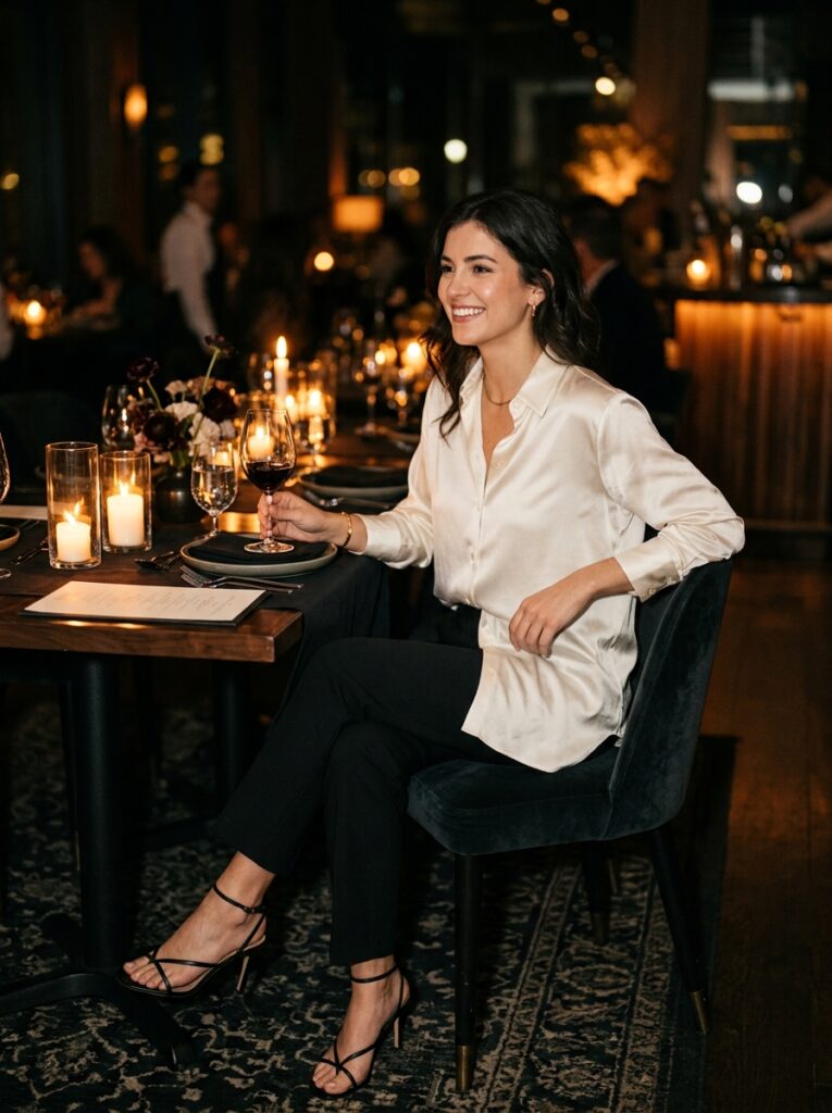 silk shirt black trousers