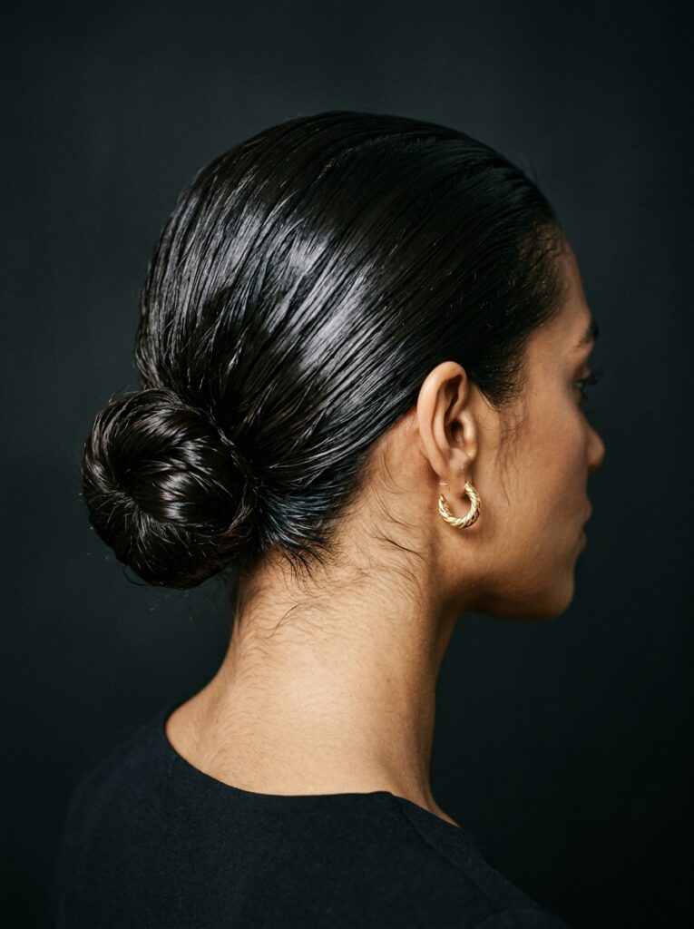 sleek wet look low bun 202607151023
