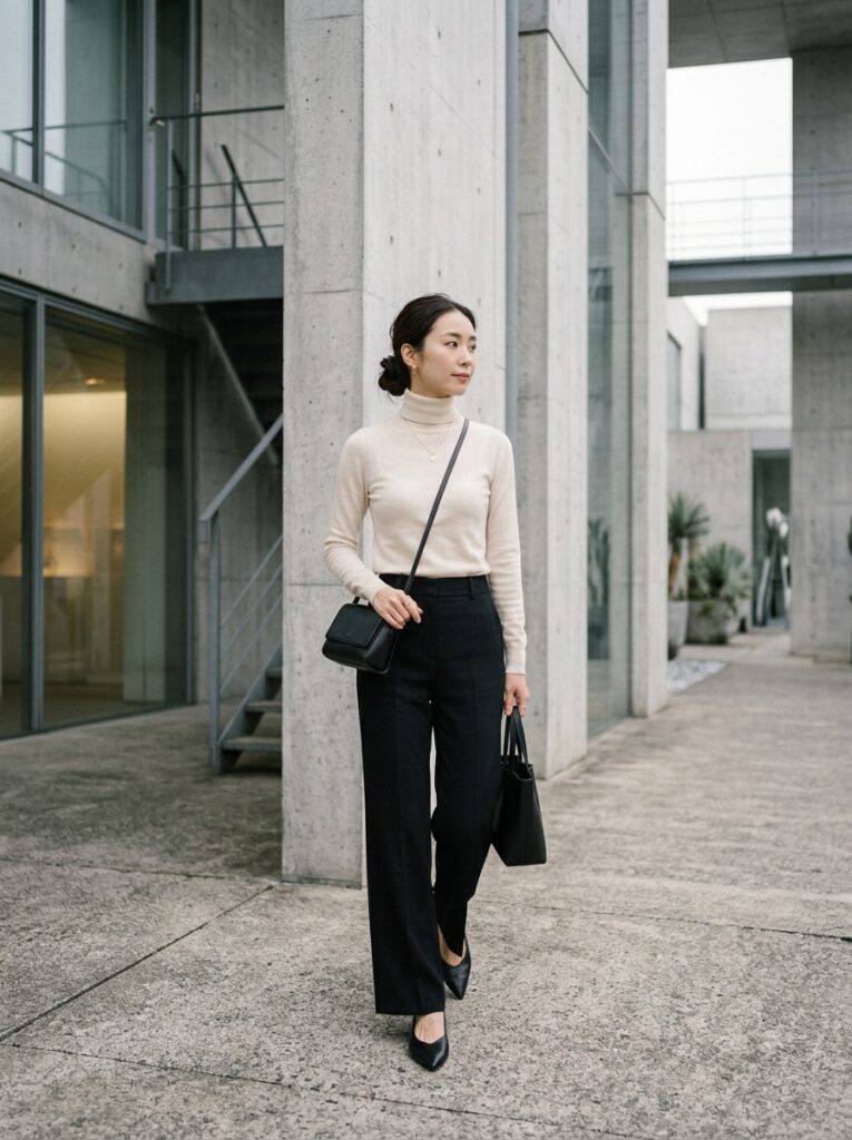 slim turtleneck wide leg trousers