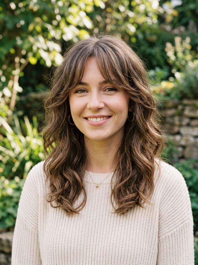 soft shag with curtain bangs wavy hair